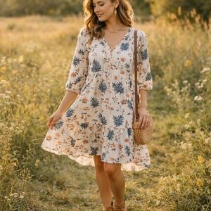 Qincao Floral Boho Dress M Cream Blue Rust Tiered Babydoll Cottagecore